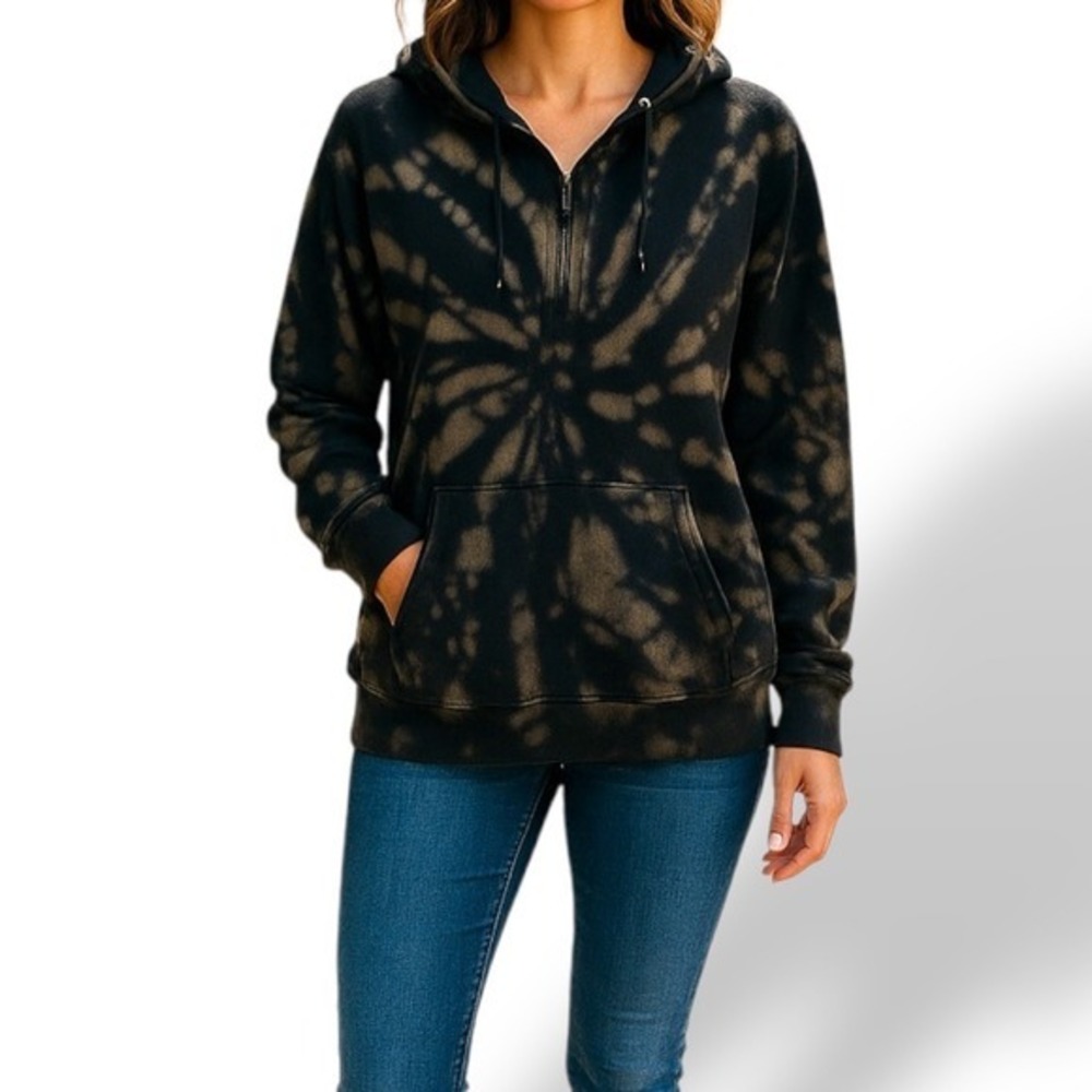 Ocean Drive Bleach Tie Dye Pullover Hoodie Half Grunge Festival‎ Black Large